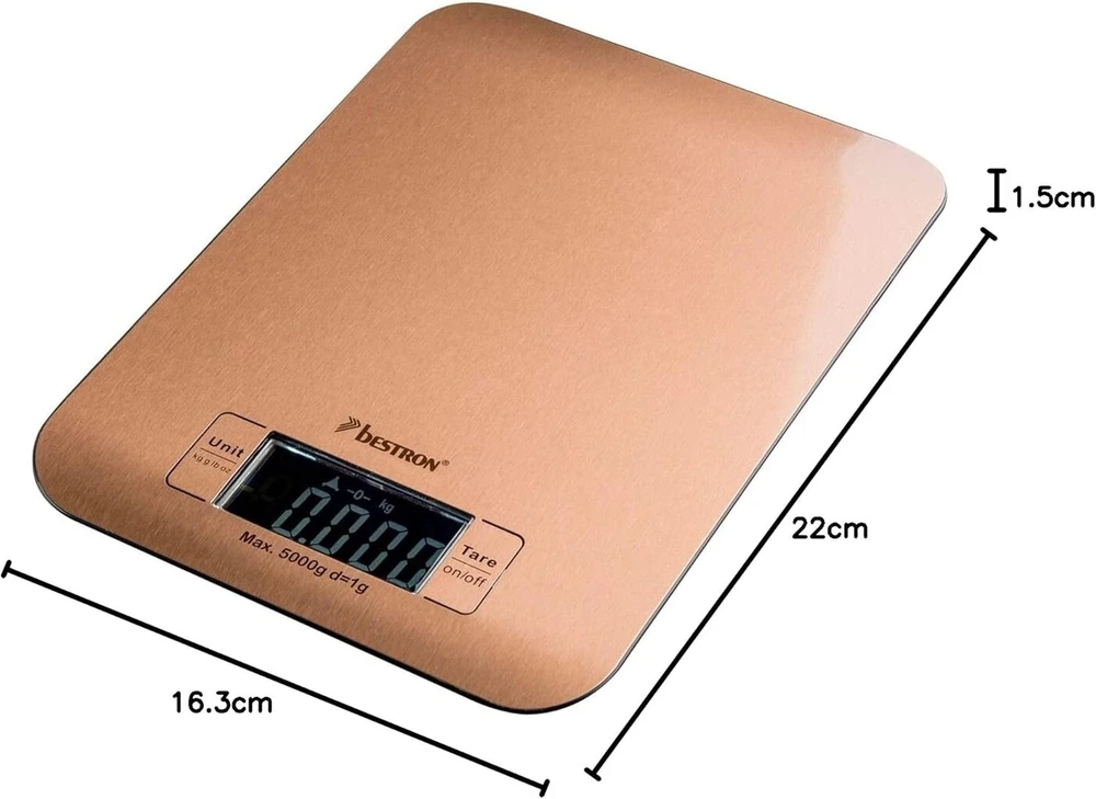 Bestron Skaitmeninės virtuvinės svarstyklės su dideliu Lcd ekranu, 4 svėrimo vienetai: kg, gramai, uncijos ir svarai, maksimali apkrova 5kg, didelis tikslumas iki +/- 1 g, su baterija, spalva: vario