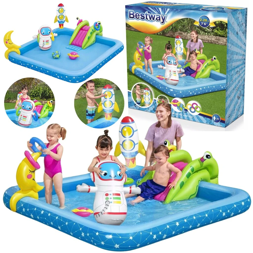 Bestway pripučiamas baseinas 228x206 cm su vandens fontana ir čiuožykla