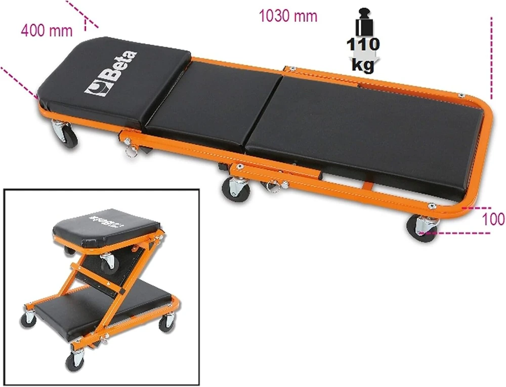 Beta 3002 montavimo volelis, riedlentė dirbtuvėms, automobilinis gultas (transformuojamas į sėdynę, stabilus ir tvirtas, plieno konstrukcija, pvc danga su putų gumos paminkštinimu), oranžinis/juodas