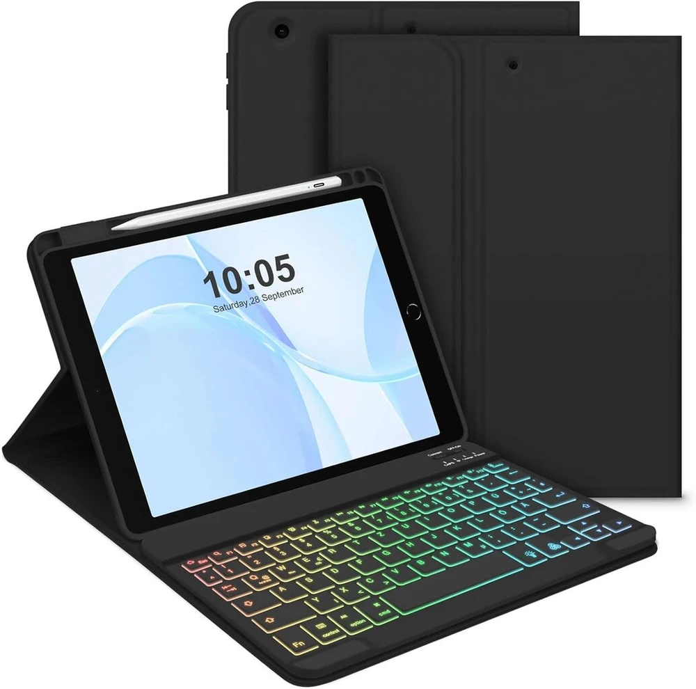 Bettdow klaviatūros dėklas, skirtas ipad 9th gen 2021/8-os kartos 2020/7th gen 2019, vokiškas qwertz išdėstymas, magnetinė nuimama apšviesta klaviatūra, dėklas su rašiklio laikikliu, skirtas ipad 10.2 colių 2019-2021, juodas