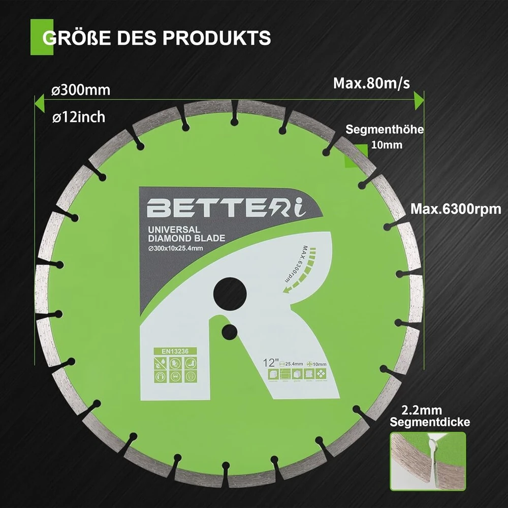 Betteri Deimantinis diskas 300 mm x 25,4 mm, universalus deimantinis pjovimo diskas 300 mm plytelėms, betonui, akmeniui, plytoms, mūrui, granitui atskirti, ilgaamžis deimantinis diskas pjovimo staklėms