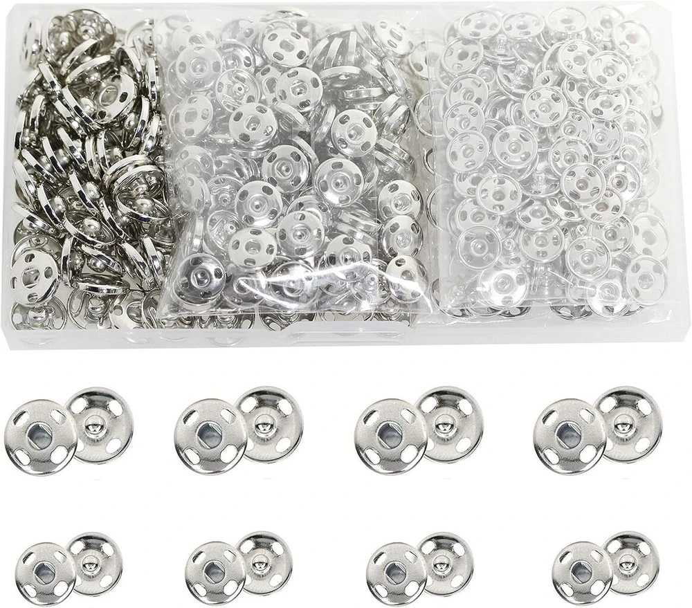 Betterjonny 200 rinkinių siuvimo spaudžių, 12 mm ir 10 mm metalinės spaudės, skirtos siūti drabužius, sidabrinės