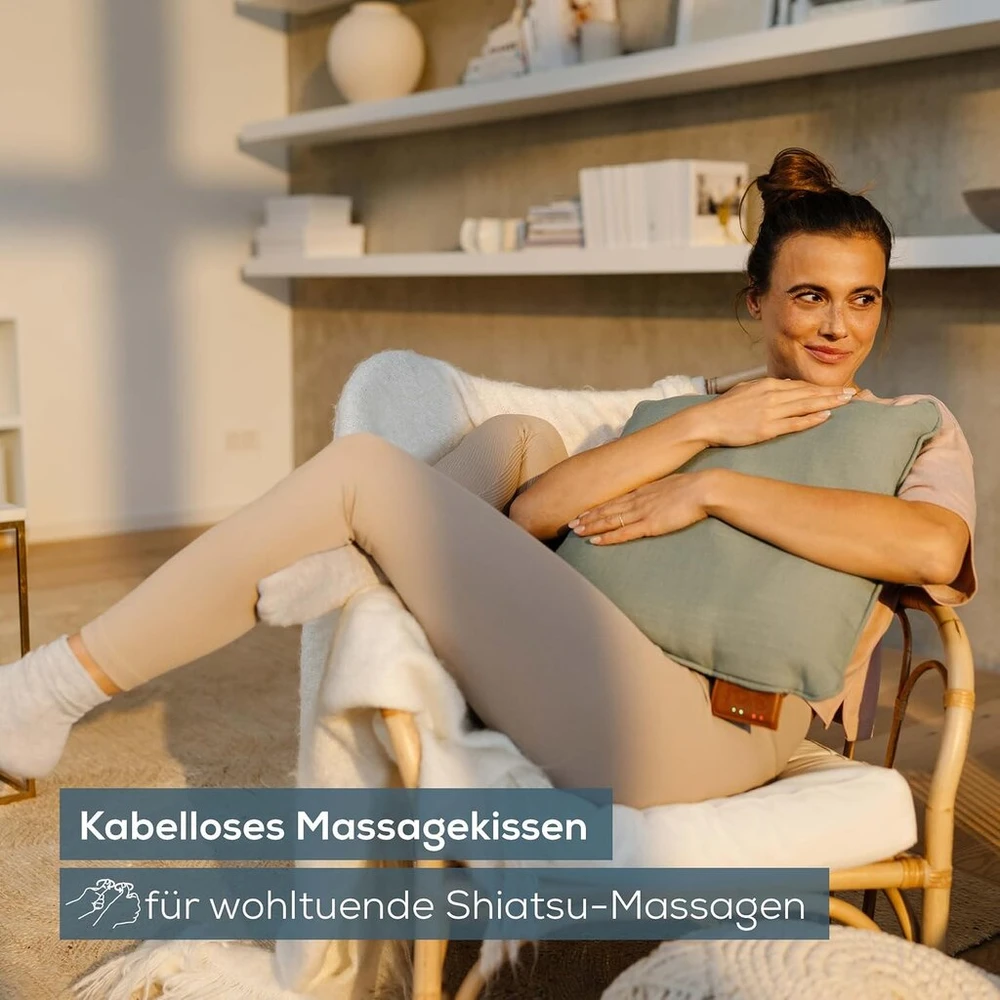 Beurer Mg 139 masažinė pagalvė su šildymo funkcija, belaidė shiatsu masažinė pagalvėlė, įjungiamas šildymas, pagaminta iš perdirbtos medžiagos, skalbiama skalbimo mašinoje, automatinis išsijungimas, 40 x 40 cm, mėtų spalvos