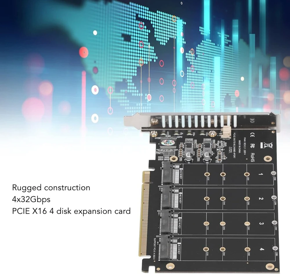 Bewinner M.2 Nvme Ssd į Pcie X16 adapteris, 4 portų Ssd masyvo kortelė, didelės spartos 4x32gbps Soft Raid kortelė su individualiu Led ekranu