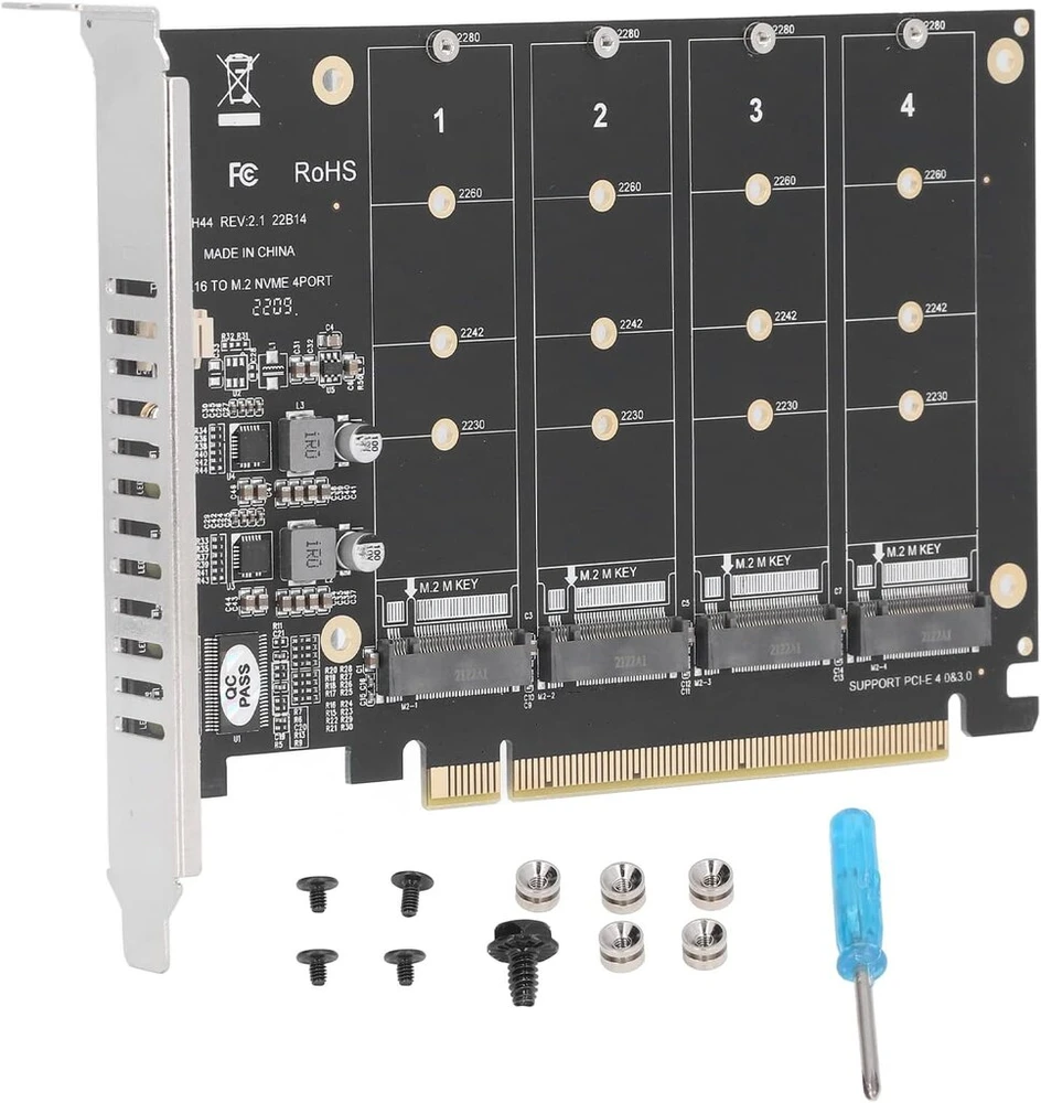 Bewinner M.2 Nvme Ssd į Pcie X16 adapteris, 4 portų Ssd masyvo kortelė, didelės spartos 4x32gbps Soft Raid kortelė su individualiu Led ekranu