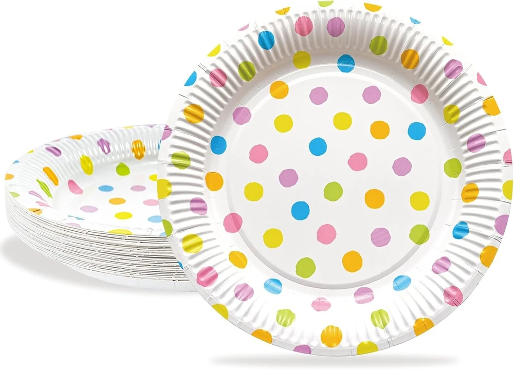 Bfb popierinių lėkščių rinkinys, 24 vnt., 23 cm, popierinės lėkštės, vakarėlių lėkštės, įvairiaspalviai taškeliai vaikų gimtadienio stalo dekoravimui