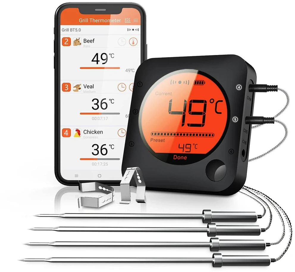Bfour Grilio Bluetooth Termometras Kepimo Termometras su Laikmačiu, 4 Temperatūros Jutiklių Zondai Skaitmeninis Grilio Termometras Apšvietimas Led Ekranas Momentinis Skaitymas