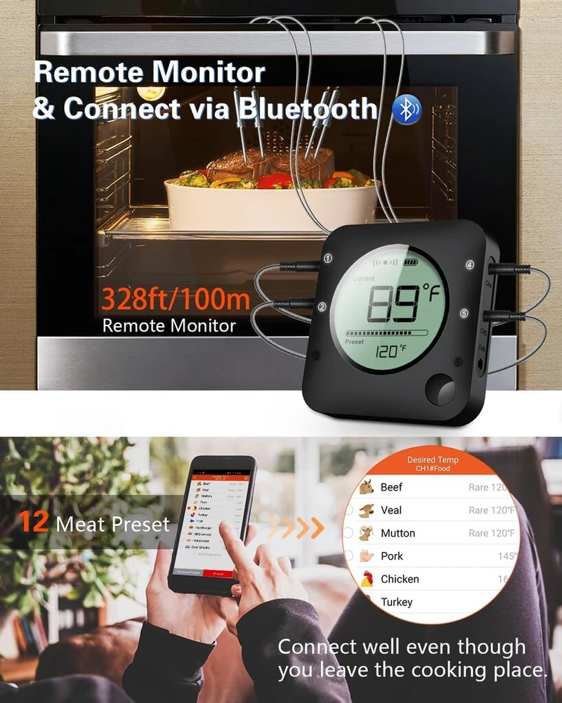 Bfour Grilio Bluetooth Termometras Kepimo Termometras su Laikmačiu, 4 Temperatūros Jutiklių Zondai Skaitmeninis Grilio Termometras Apšvietimas Led Ekranas Momentinis Skaitymas