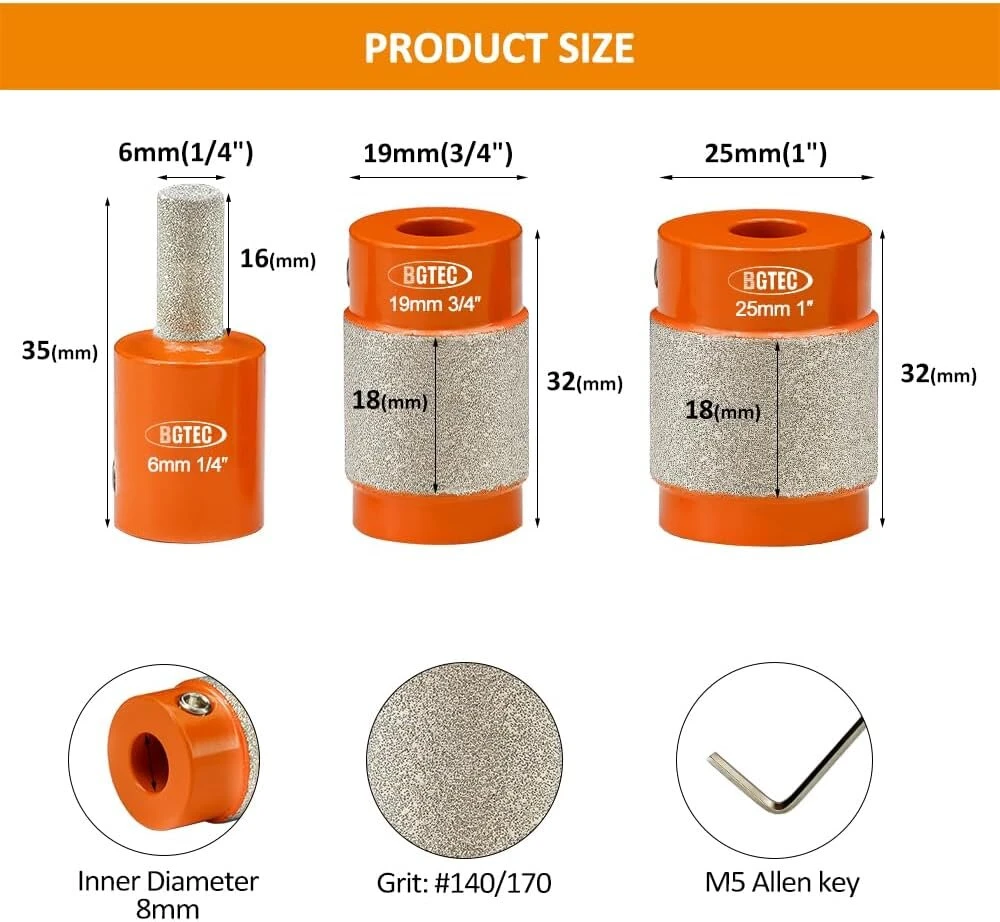 Bgtec Deimantinis šlifavimo antgalis stiklo apdirbimui, 3 vnt., 25 mm/19 mm/6 mm žalvario šerdis, skirtas stiklo dažymo šlifavimo antgaliams, deimantinio šlifavimo antgalių galvučių įrankiai, vitražo įrankiai ir priedai vitražui