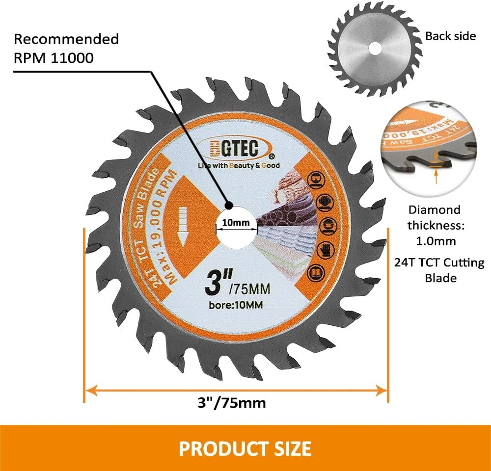 Bgtec Diskiniai pjūklai Tct – 3 vnt. rinkinys, 75 mm karbido pjovimo diskas su 10 mm kotu, 24 dantys skirti medžiui, plastikui, medienos medžiagoms