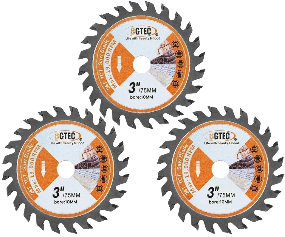 Bgtec Diskiniai pjūklai Tct – 3 vnt. rinkinys, 75 mm karbido pjovimo diskas su 10 mm kotu, 24 dantys skirti medžiui, plastikui, medienos medžiagoms