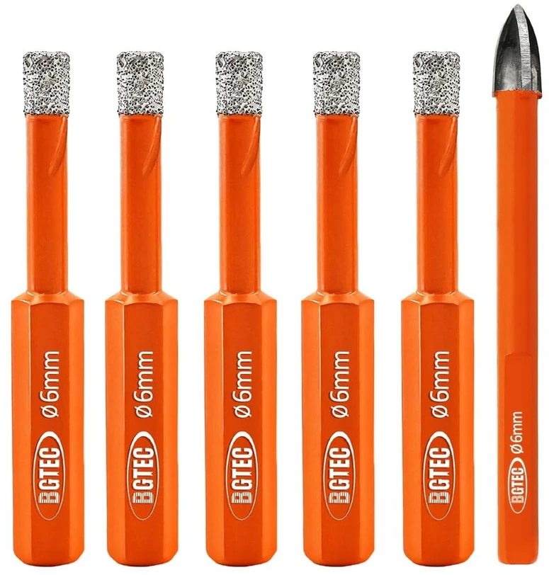 Bgtec sausų deimantinių grąžtų rinkinys 6 vnt. 6 mm x 5 šešiakampis kotas sausas grąžtas + 6 mm trikampis kotas karbido grąžtas granitui, marmurui, mūrui, betonui, plytelėms/keramikai, vakuuminiu būdu lituotas