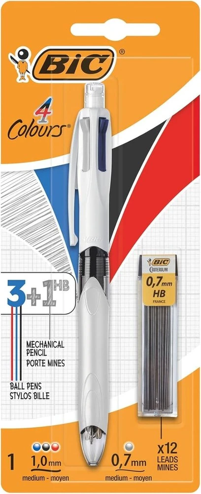 Bic 4 spalvų ištraukiamas tušinukas, 4 spalvos (3 + 1 hb), 3 tušinuko šerdelės ir 1 grafito pieštukas viename rašiklyje, dėžutė
