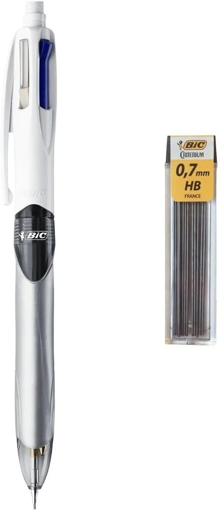 Bic 4 spalvų ištraukiamas tušinukas, 4 spalvos (3 + 1 hb), 3 tušinuko šerdelės ir 1 grafito pieštukas viename rašiklyje, dėžutė