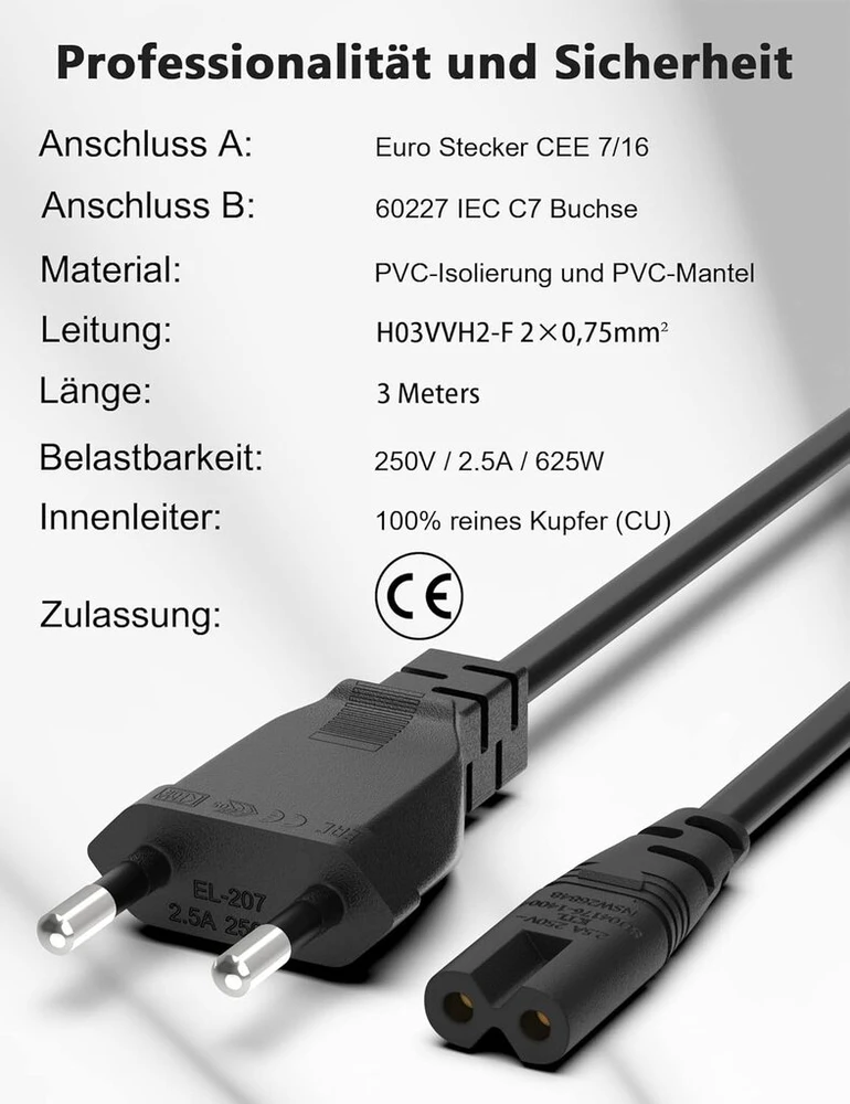Bicmice 3m maitinimo laidas, kištuko tipas C euro kištukas į C7 lizdą, euro maitinimo laidas, smulkios buitinės technikos laidas, euro 8 Tv, Blu-ray, buitiniai prietaisai, maitinimo šaltiniai - juodas