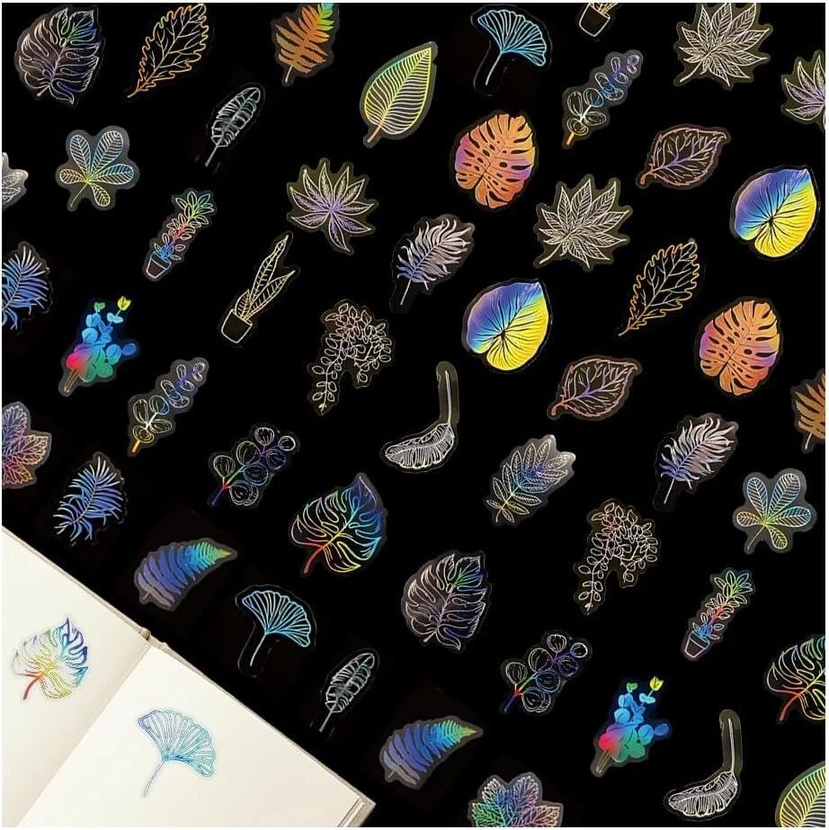Bieiyhe 100 vienetų lipdukų rinkinys scrapbooking'ui, skaidrūs, holo lipnūs vintage, holografiniai lipdukai, blizgūs, mobiliojo telefono dėklo lipdukai, nuotraukų albumas, bullet journal estetika - lapas