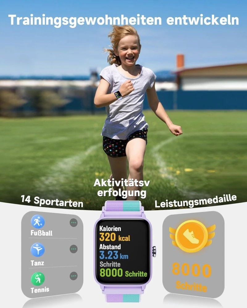 Biggerfive išmanusis laikrodis vaikams, fitneso sekiklis, skaitmeninis fitneso laikrodis su pedometru, pulso matuoklis 24/7, atsparus vandeniui 5atm, miego stebėjimo funkcija, žadintuvas, 1,5 colio hd jutiklinis ekranas mergaitėms nuo 3 iki 14 metų, nailo