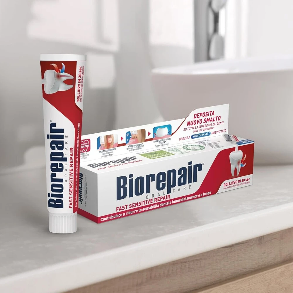 Biorepair, greitai jautrumą mažinanti dantų pasta - mažina dantų jautrumą ir numalšina jautrių dantų skausmą per 30 sekundžių, apsaugo ir atstato emalį, be fluorido, 60 ml