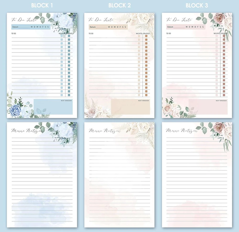 Biroyal užrašų blokų rinkinys „to Do Lists“, 3 vnt., 150 lapų, A5 formato užrašų blokas su perforuotais lapais, 3 skirtingi viršelių dizainai, užrašinė darbų sąrašams, pastaboms ir pirkinių sąrašams