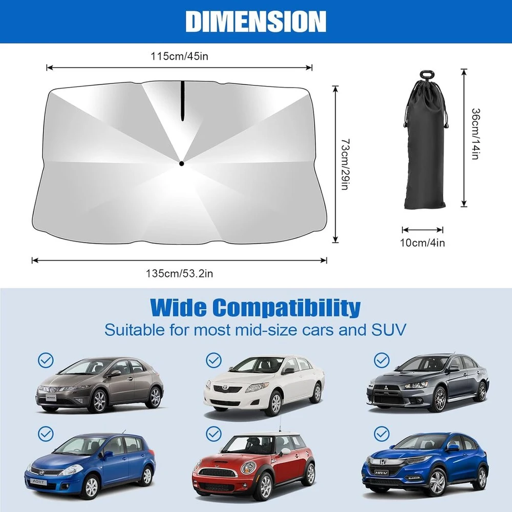 Bitoyo apsauga nuo saulės automobilio priekinis stiklas 135 x 73 cm, apsauga nuo saulės automobilio priekinis stiklas vidaus, apsauga nuo uv spindulių priekinio stiklo skydelis nuo saulės, sulankstomas priekinio stiklo dangtis, skėtis daugumai automobilių