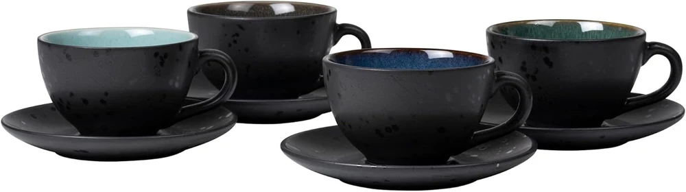 Bitz 4 stoneware kavos puodelių su lėkštute rinkinys 24cl mėlyna žalia šviesiai mėlyna pilka