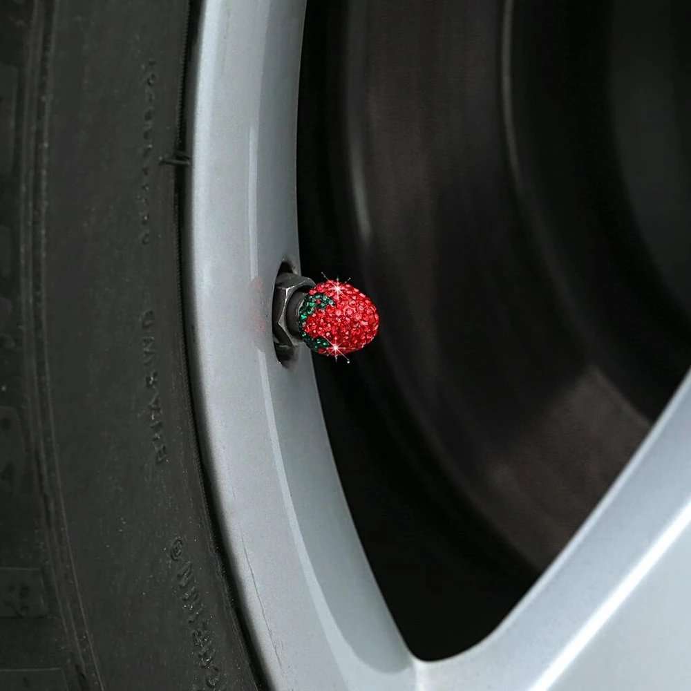 Blausky 4 vožtuvų dangtelių rinkinys, strazdų braškių vožtuvų dangteliai, padangų vožtuvų dangteliai, blizgūs, automobilio padangų vožtuvų dangteliai, padangų vožtuvų dangteliai, metaliniai dangteliai, universalus priedas automobiliams, raudoni