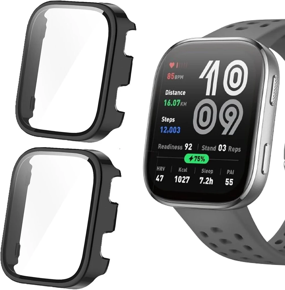 Blueshaweu apsauginis dėklas, suderinamas su amazfit bip 6 išmaniuoju laikrodžiu 46 mm, kietas pc dėklas su stiklo ekrano apsauga, suderinamas su amazfit bip 6 (juodas + juodas)