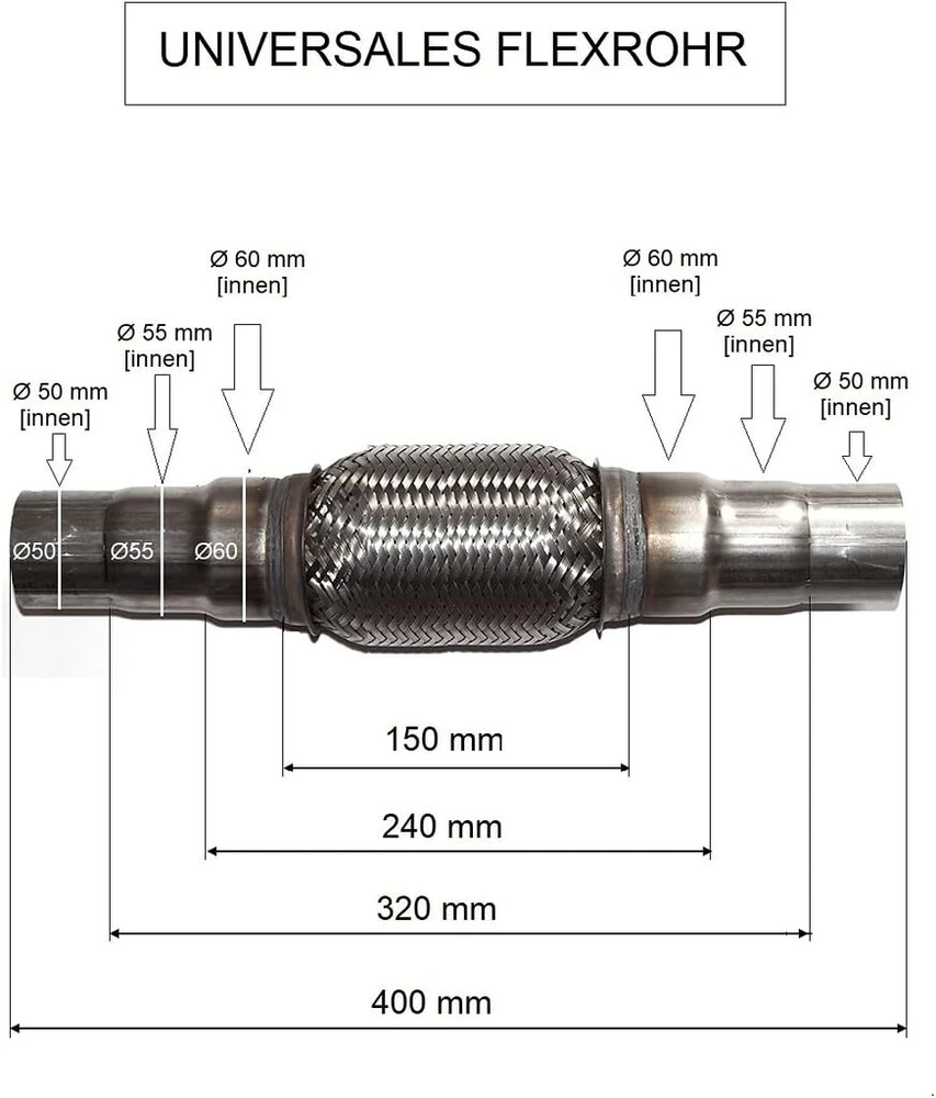 Bluetech universalus lankstus vamzdis, liepsnos vamzdis, išmetimo vamzdis, nerūdijančio plieno vamzdis, katalizinis konverteris, išmetimas, skersmuo 50 mm / skersmuo 55 mm / skersmuo 60 mm, ilgis 400 mm