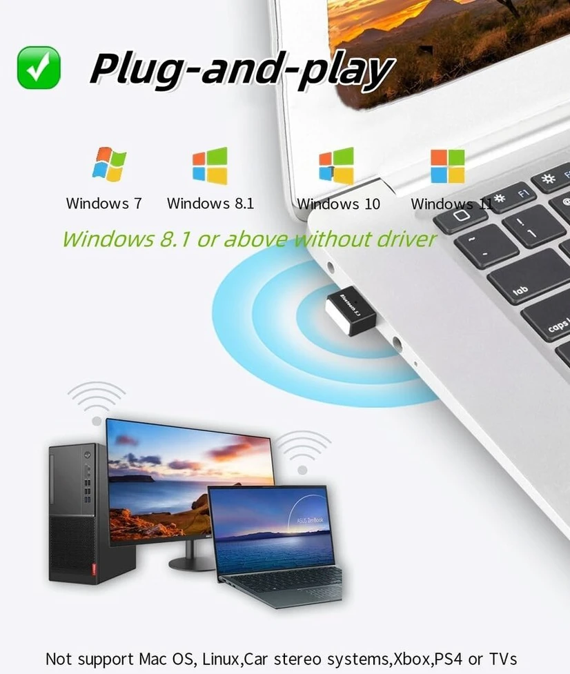 Bluetooth adapteris pc 5.3 su windows 11/10/8.1/7, plug & play usb bluetooth adapterio dongle, skirtas staliniam kompiuteriui, nešiojamam kompiuteriui, pelei, klaviatūrai, ausinėms, valdikliui (juodas) (baltas)