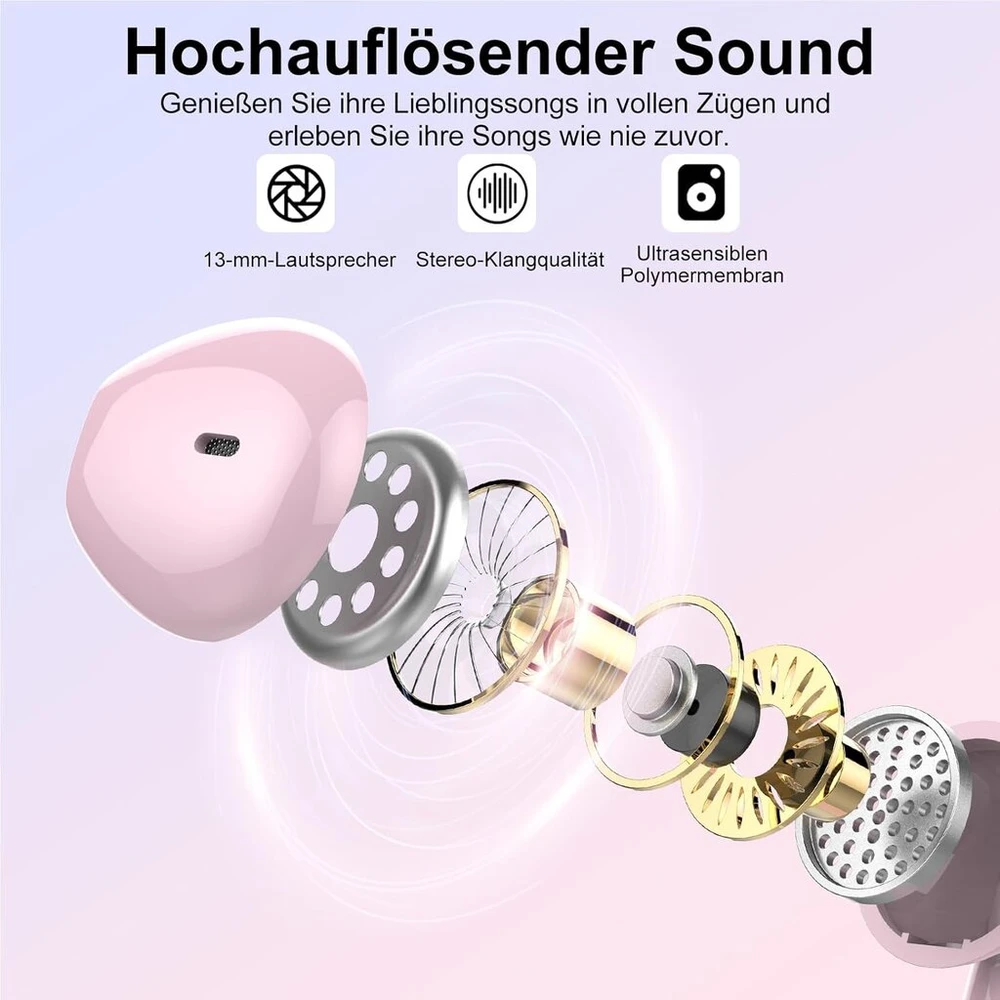 Bluetooth ausinės į ausis, belaidės bluetooth 5.3, itin lengvos ausinės su hd mikrofonu, išskirtinės kokybės muzikos transliacija iki 30 valandų, led ekranas, ip7 atsparumas vandeniui, persikų rožinė