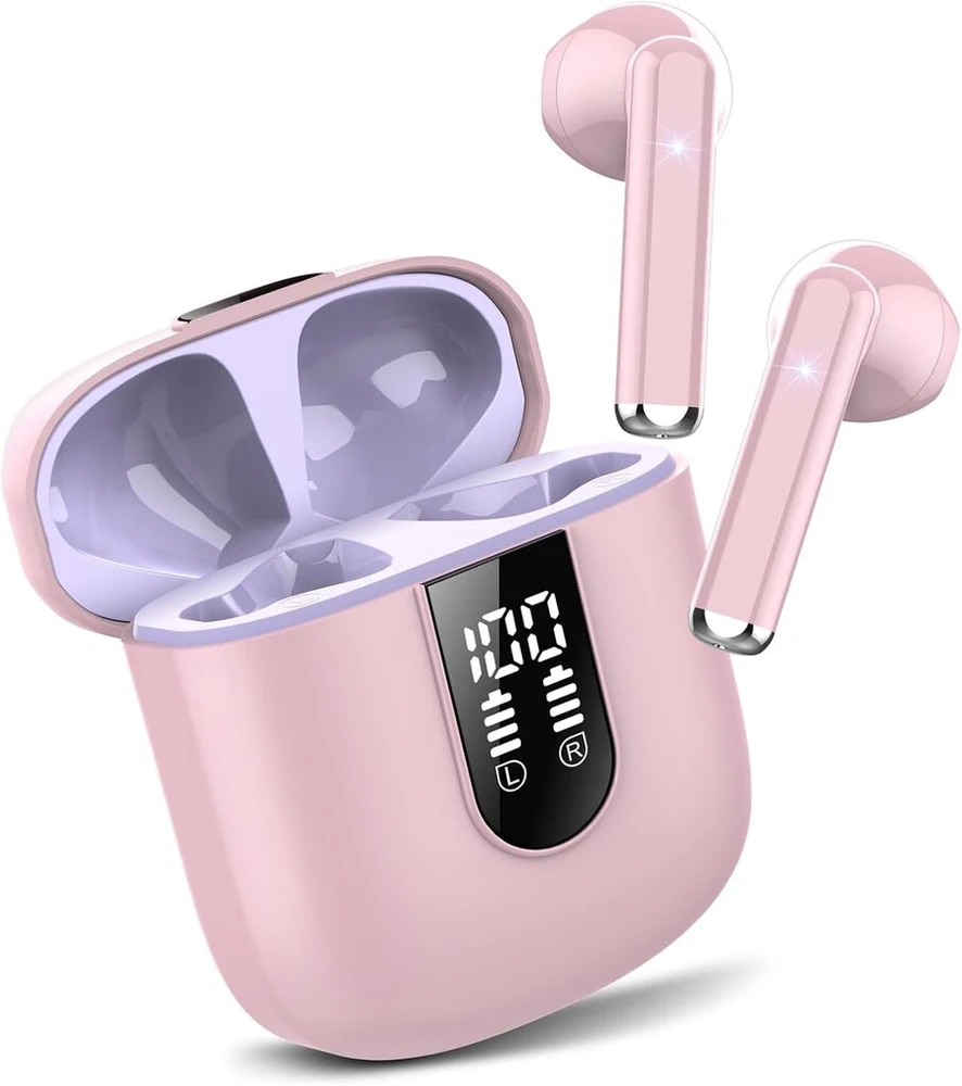 Bluetooth ausinės į ausis, belaidės bluetooth 5.3, itin lengvos ausinės su hd mikrofonu, išskirtinės kokybės muzikos transliacija iki 30 valandų, led ekranas, ip7 atsparumas vandeniui, persikų rožinė