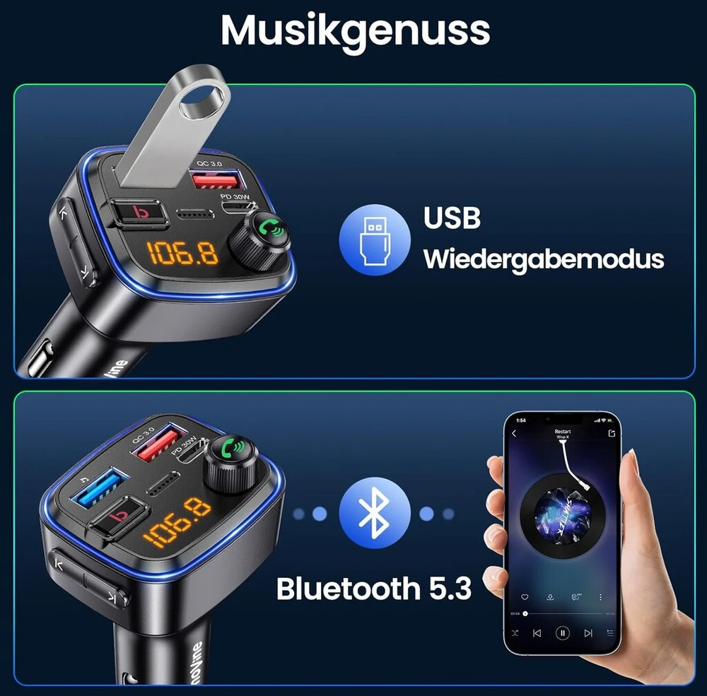 Diktofonas Bluetooth Fm siųstuvas automobiliui, Hi-fi garsas, 2x Usb-c/a greitas įkrovimas