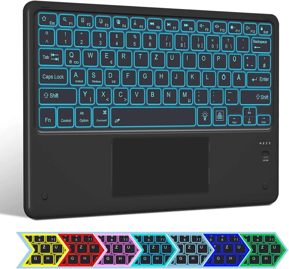 Bluetooth klaviatūra su jutikliniu kilimėliu, belaidė bluetooth klaviatūra planšetiniam kompiuteriui ipad, suderinama su android/ios/windows, qwertz vokiškas išdėstymas, belaidė klaviatūra su 7 spalvomis, apšviesta usb-c