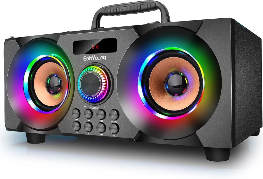 Kompiuterio kolonėlės Bluetooth kolonėlė 60 W (80 W piko galia) nešiojama muzikos dėžutė su žemų dažnių garsiakalbiu, Fm radijas, spalvingos Led lemputės, Eq, 30 metrų veikimo nuotolis, Bluetooth 5.0 belaidė stereo kolonėlė namams, vakarėliams, stovyklavimui