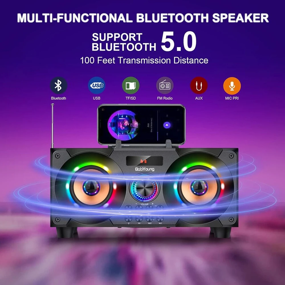 Kompiuterio kolonėlės Bluetooth kolonėlė 60 W (80 W piko galia) nešiojama muzikos dėžutė su žemų dažnių garsiakalbiu, Fm radijas, spalvingos Led lemputės, Eq, 30 metrų veikimo nuotolis, Bluetooth 5.0 belaidė stereo kolonėlė namams, vakarėliams, stovyklavimui