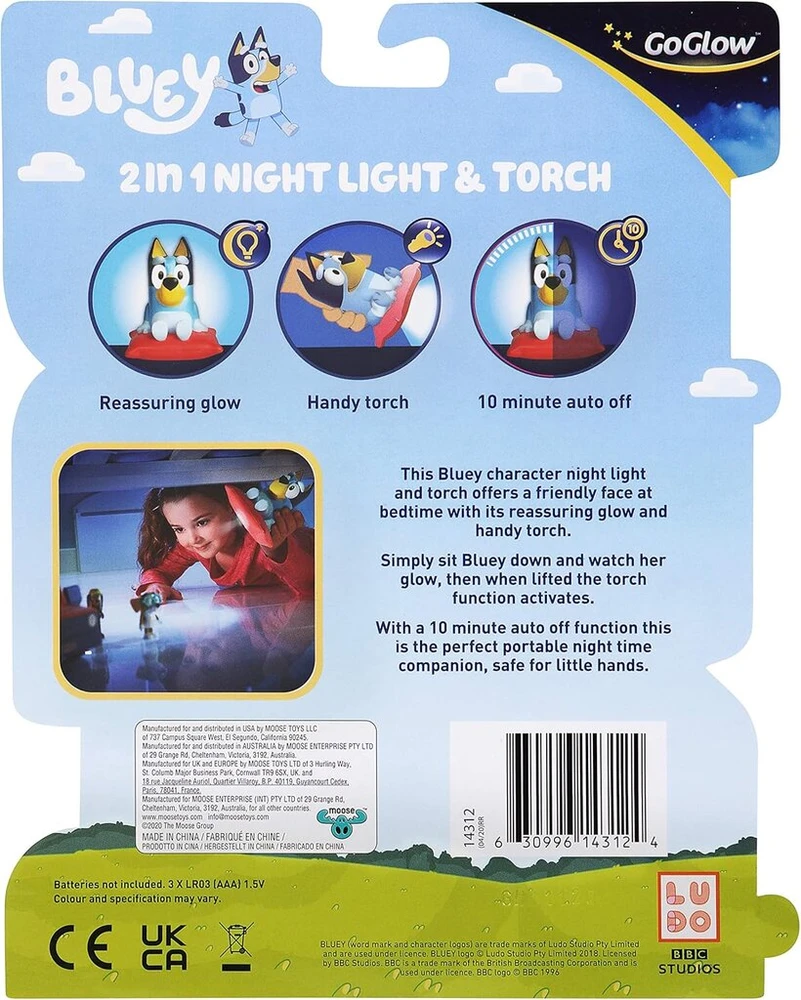 Bluey 2-in-1 naktinė lemputė ir praktiškas žibintuvėlis, led naktinė lemputė su automatiniu išsijungimo laikmačiu, įvairiaspalvė, 14312