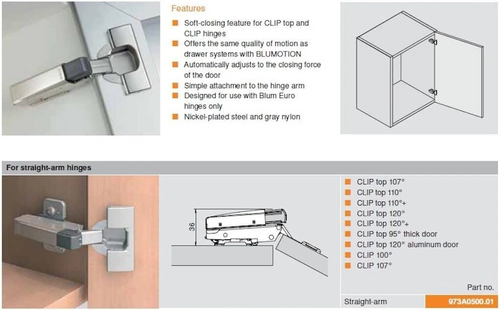 Blum 973a0500 Blumotion Clip On Soft Close lėtintuvas vyriui x 2 vnt