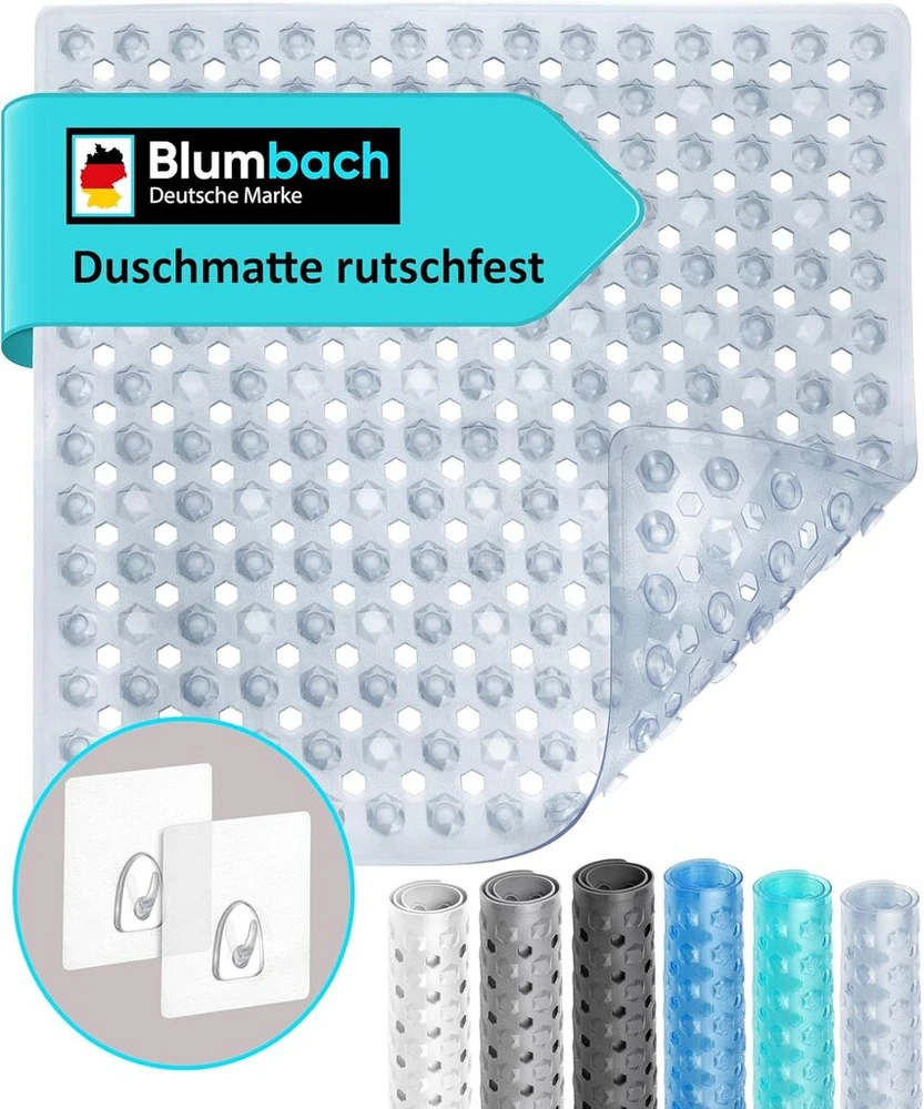 Blumbach® neslystantis dušo kilimėlis 53 x 53 cm - 100% be Bpa - su 2 kabliukais pakabinimui - neslystantis kilimėlis dušui ir voniai, dušo kilimėlis, atsparus pelėsiui ir skalbiamas skalbimo mašinoje