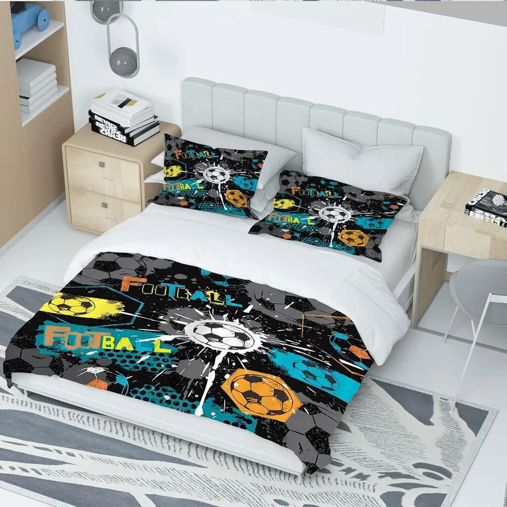 Bnreda futbolo patalynės komplektas 135 x 200 cm, minkštas ir patogus mikropluošto patalynės komplektas su futbolo motyvais, su užtrauktuku, futbolo patalynė ir 2 pagalvių užvalkalai 50 x 75 cm (footbal-a, 135 x 200 cm)