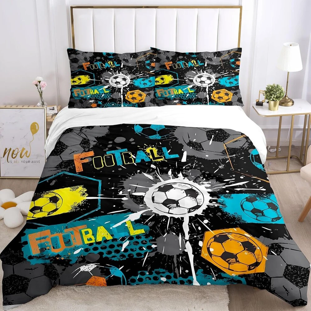 Bnreda futbolo patalynės komplektas 135 x 200 cm, minkštas ir patogus mikropluošto patalynės komplektas su futbolo motyvais, su užtrauktuku, futbolo patalynė ir 2 pagalvių užvalkalai 50 x 75 cm (footbal-a, 135 x 200 cm)