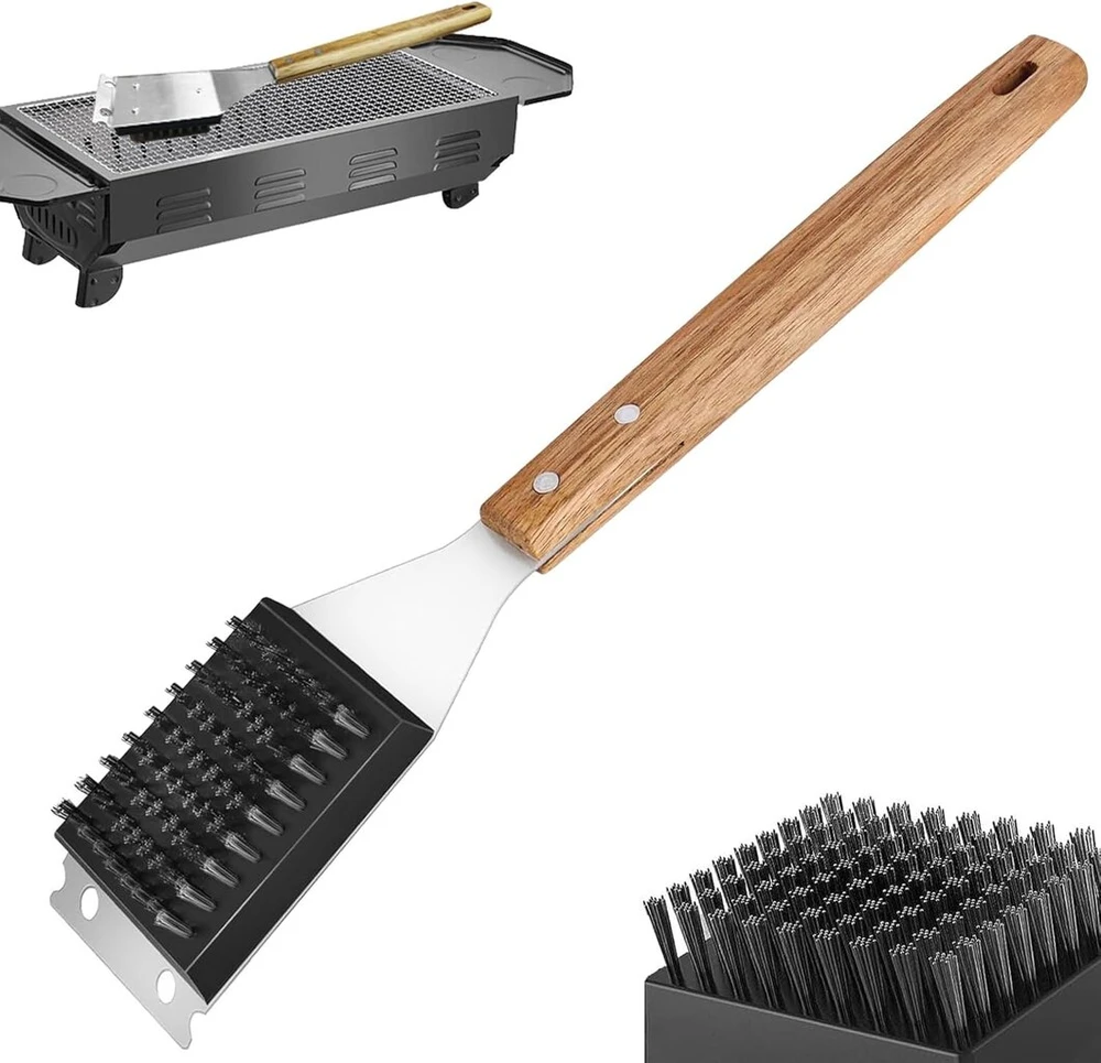 Bocguy 2-in-1 grilio valymo šepetys su grandikliu, grilio valymo šepetys, nerūdijančio plieno grilio valymo šepetys su medine rankena, bbq grilio šepetys dujiniam griliui, angliniam griliui, elektriniam griliui, 38 x 6.5 cm