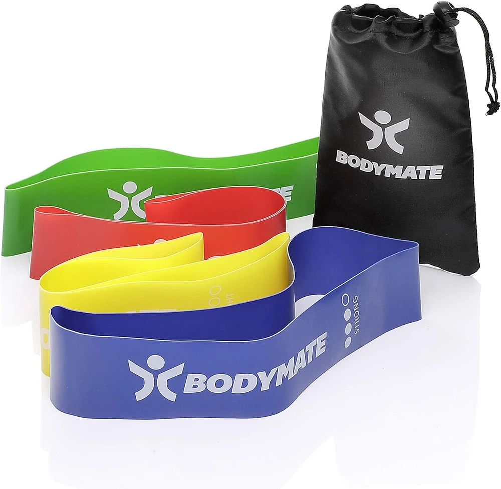 Bodymate treniruočių gumos, 4 stiprumų rinkinys su nešiojimo krepšiu, 60 cm apimtis x 5 cm plotis, fitneso guma, kilpa pagaminta iš natūralaus latekso, pasipriešinimo gumos, funkcinės treniruotės