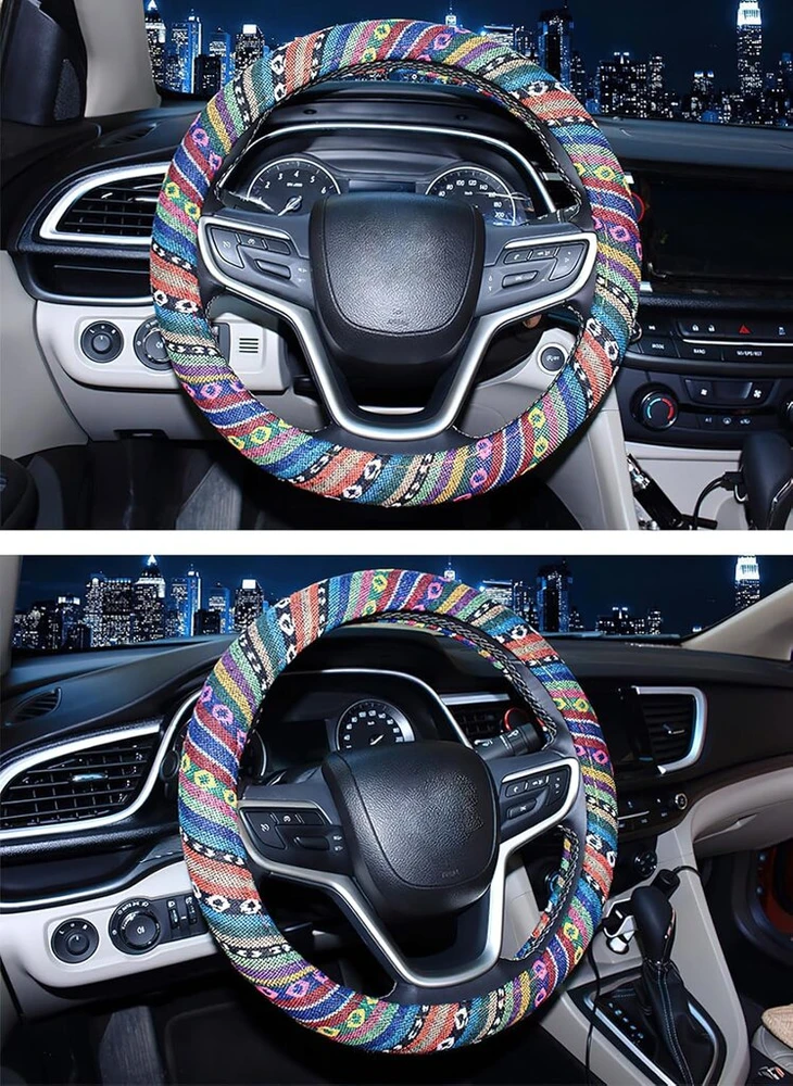 Bohemiško stiliaus vairo dangteliai moterims universalus dydis 38cm automobilio vairo lininis paviršius su guminiu vidumi elastingas neslystantis kvėpuojantis prakaitą sugeriantis