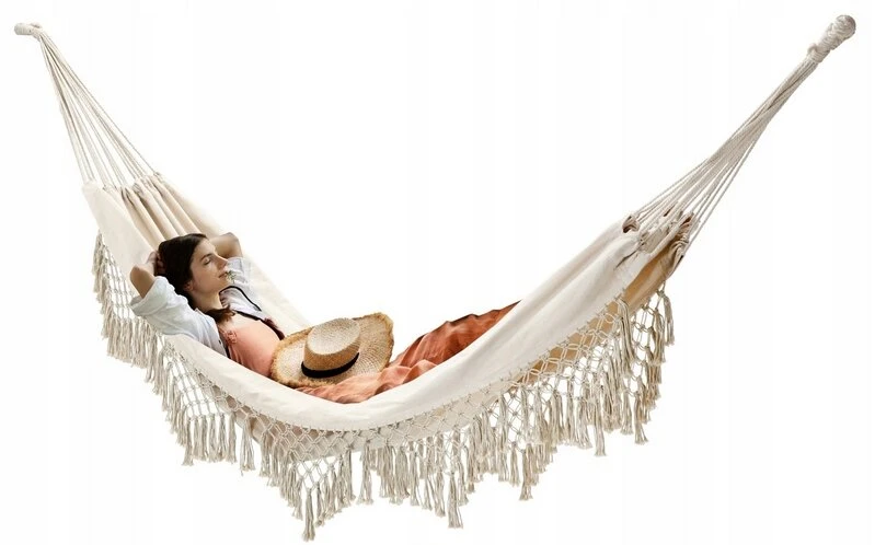Boho hamakas su kutais, smėlio/pilkos spalvos, 200x150 cm, keliamoji galia 150 kg, sodui, terasai