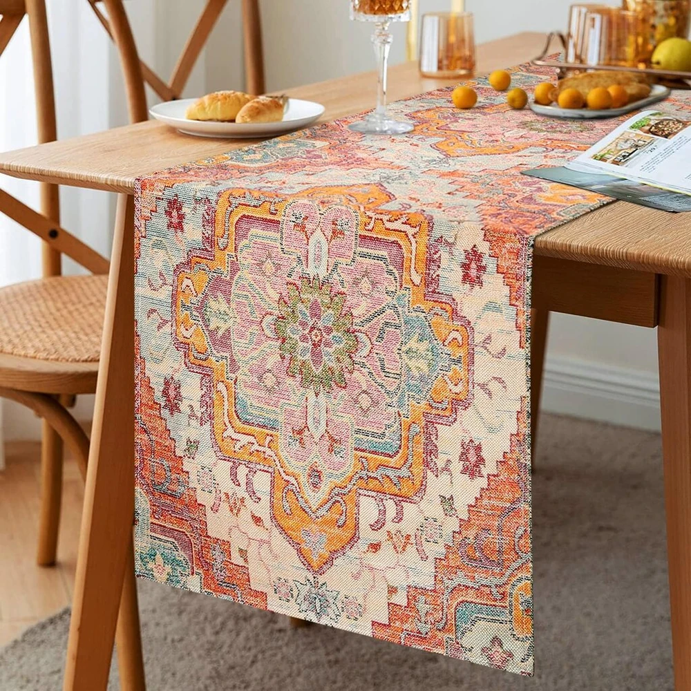 Boho stalo takelis, vintažinis, 33 x 183 cm, oranžinis spalvingas stalo takelis, skalbiamas lininis turkiško stiliaus staltiesė, kaimiško stiliaus dekoracija sodybos valgomojo kambario vakarėliui, šventinis stalo dekoras