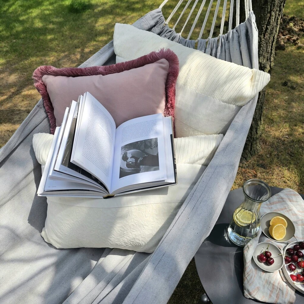 Boho turistinis sodo hamakas stiprus dvivietis 150x275cm 240kg + krepšys