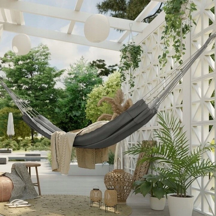 Boho turistinis sodo hamakas stiprus dvivietis 150x275cm 240kg + krepšys