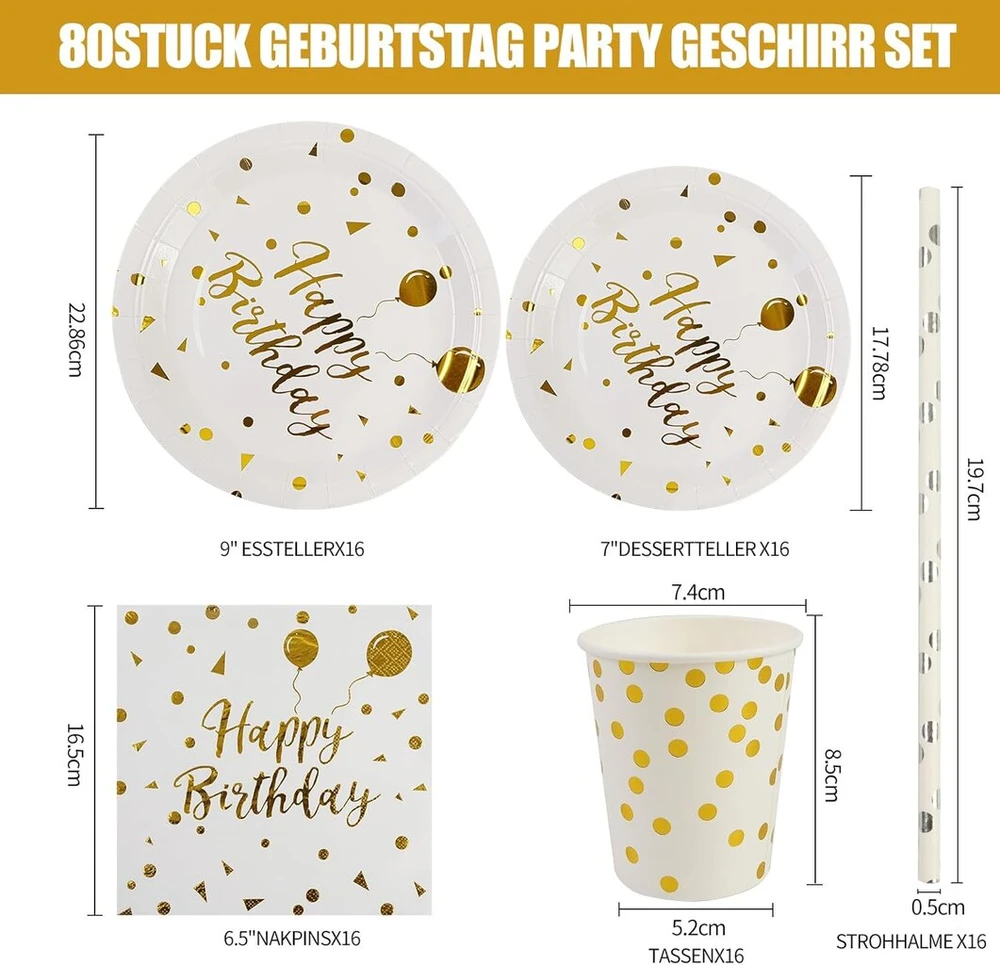 Bokfjbp 80 dalių gimtadienio stalo įrankių rinkinys, baltos aukso spalvos vakarėlio dekoracijų reikmenys, stalo įrankiai, lėkštės, servetėlės, popieriniai puodeliai, šiaudeliai vaikų gimtadienio dekoravimui, berniukams ir mergaitėms, 16 asmenų (baltas auk