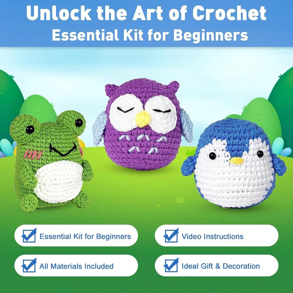 Boloshine nėrimo rinkinys pradedantiesiems su mokomuoju vaizdo įrašu ir instrukcijomis, amigurumi mezgimo rinkinys su vilna ir nėrimo vąšeliu, nėrimo rinkinys "pasidaryk pats" raktų pakabukų rinkinys 3 gyvūnai: varlė, pelėda, pingvinas
