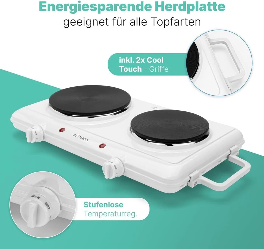 Viryklė Bomann® dviguba kaitlentė, galinga kaitlentė su nuolat reguliuojamais termostatais, 2 kaitlentės, vėsios rankenos, dviguba kaitlentė su 1500 W/1000 W, Dkp 5028 Cb